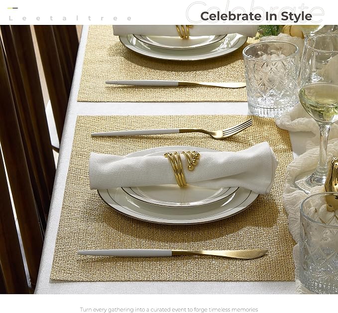 Leetaltree Gold Placemats Set of 24 - Heat Resistant Non-Slip Place mats for Dining Table, Washable Durable PVC Vinyl Woven Table Mats(Luxury Gold, 24)