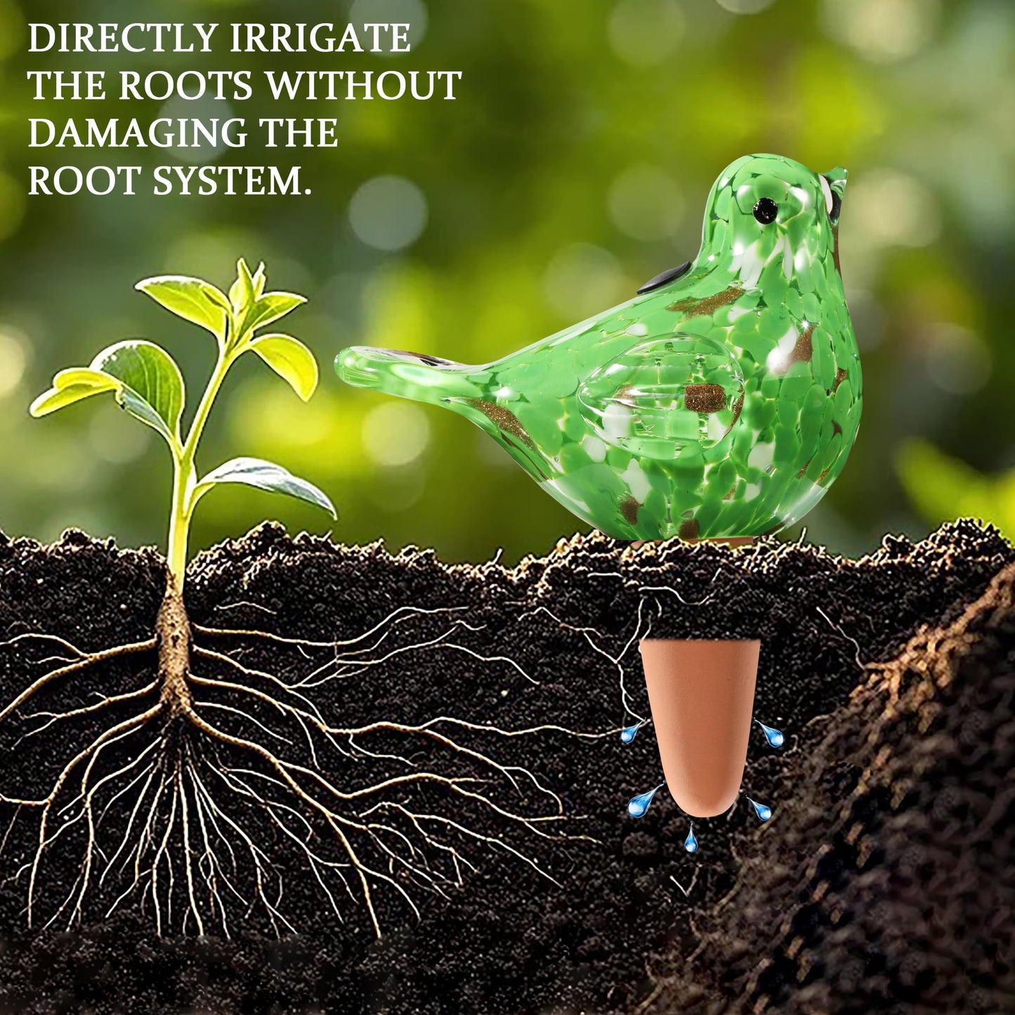 Plant Watering Globes, Bird Glass Self Watering Planter Insert - for Indoor & Outdoor Plants - Glass Plant Water Globes for Daily Use, Planter Spikes to Support Indoor & Outdoor Plant Health, Green