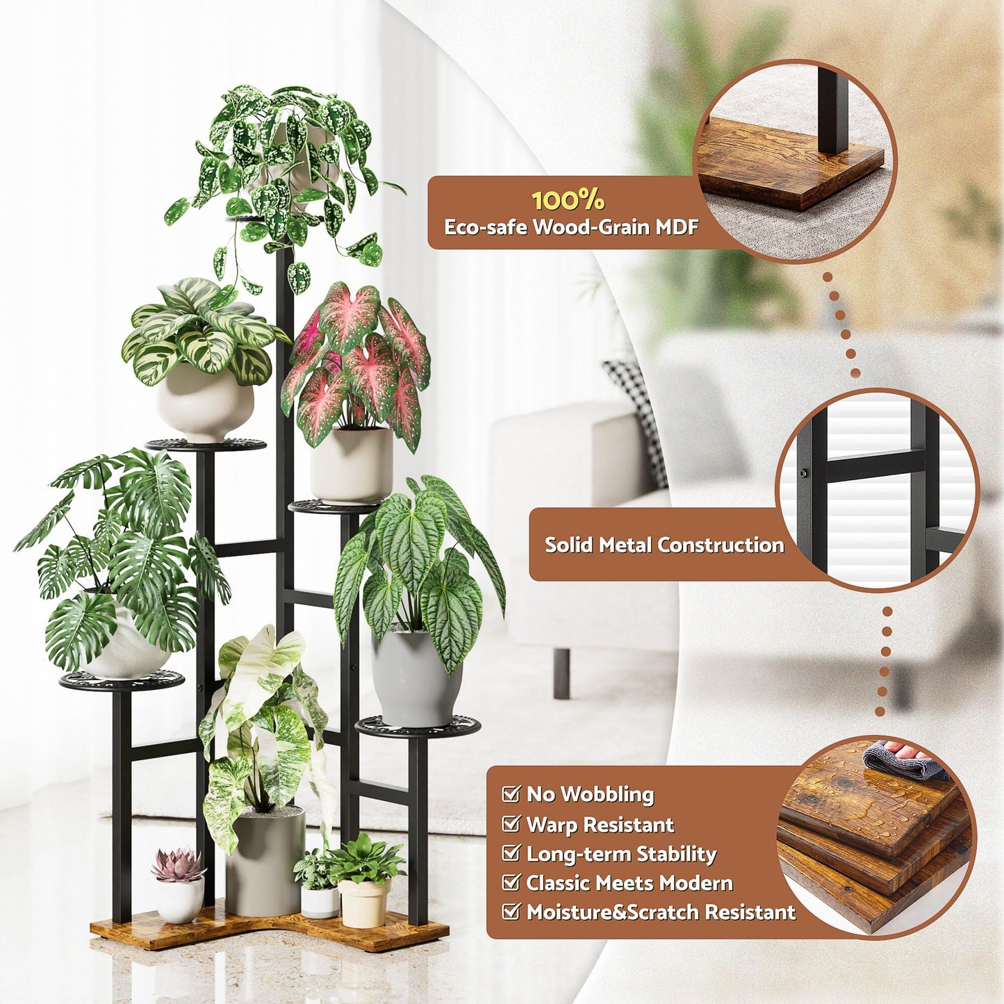 NQW 6 Tier Plant Stand Indoor Outdoor Metal Flower Pot Holder Shelf Tiered Planter Display Rack for Living Room Balcony Garden Patio