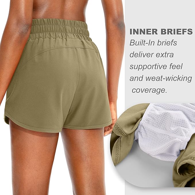 SANTINY Women's Running Shorts with Zip Pockets High Waisted Athletic Workout Gym Shorts for Women with Liner