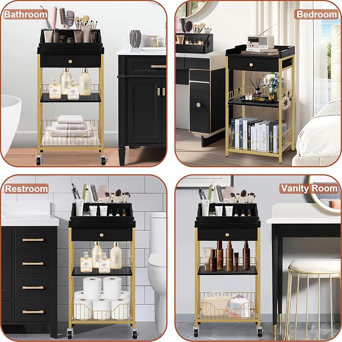 Large Makeup Organizer Cart with Hair Tool Holder, Rolling Makeup Cart with Drawer, 2-in-1 Vanity Organizer Cosmetic Display Cases for Skin Care Perfume Nail Polish Brush Tools, Gold & Black