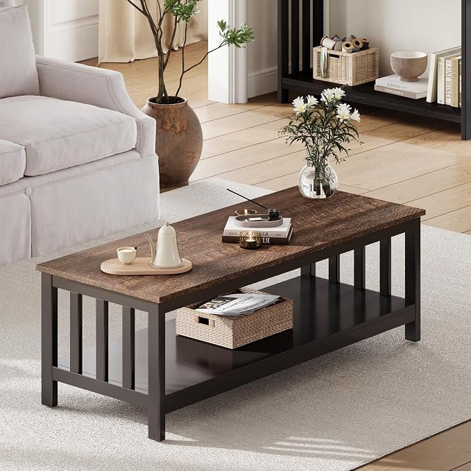 ChooChoo Mission Coffee Table, Wood Living Room Table with Shelf, 47 inch, Espresso