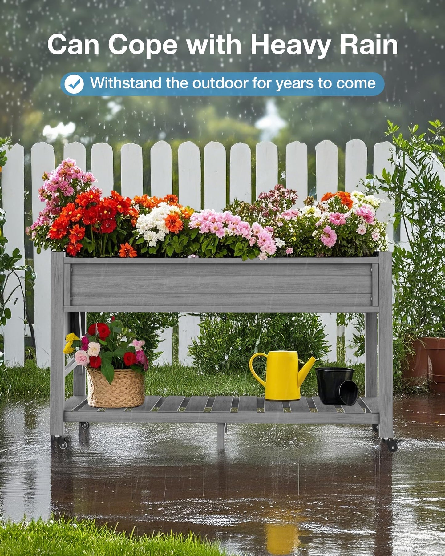 YEFU Raised Garden Bed with Legs: 57x18x30in Elevated Poly Planter with Wheels,Waterproof Mobile Raised Bed Garden, Elevated Planter Box Stand with Storage Shelf,for Deck,Patio,Porch,Yard (Grey,2pcs)