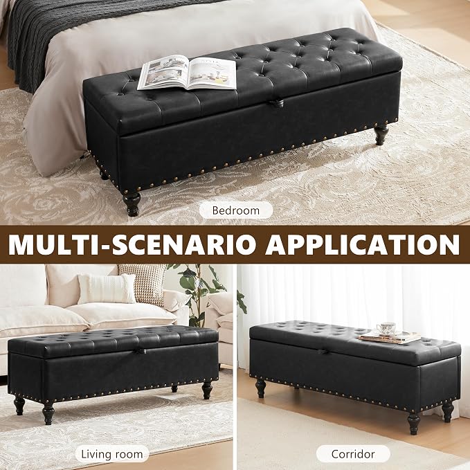 Mangodan 50" Storage Ottoman Bench, Tufted Ottoman with Storage for Living Room, Large End of Bed Ottomans, Modern Entryway Benchs, Window & Bedroom Benches for Foot of Bed (Black)