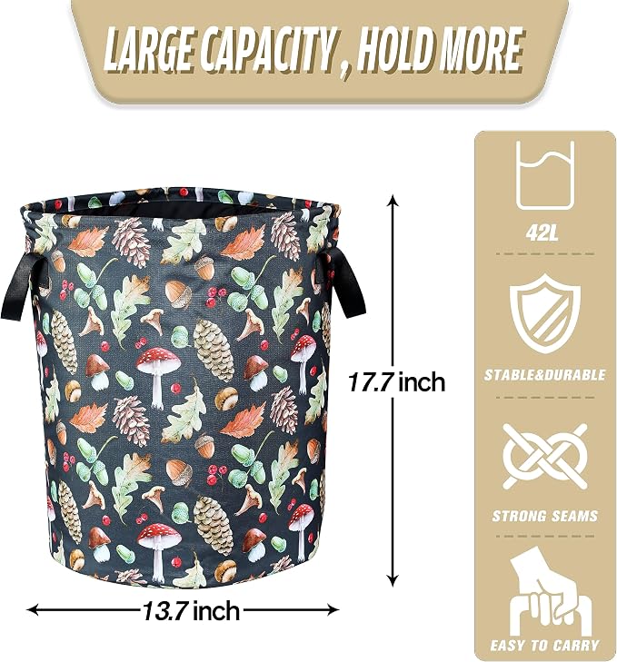 Vintage Mushrooms Laundry Basket Forest Plants Foldable Oxford Cloth Funny Tote Bag Laundry Hamper Clothes Storage Bucket Organizer For Bathroom/Laundry Storage/Bedroom 18.9x16.5 Inch