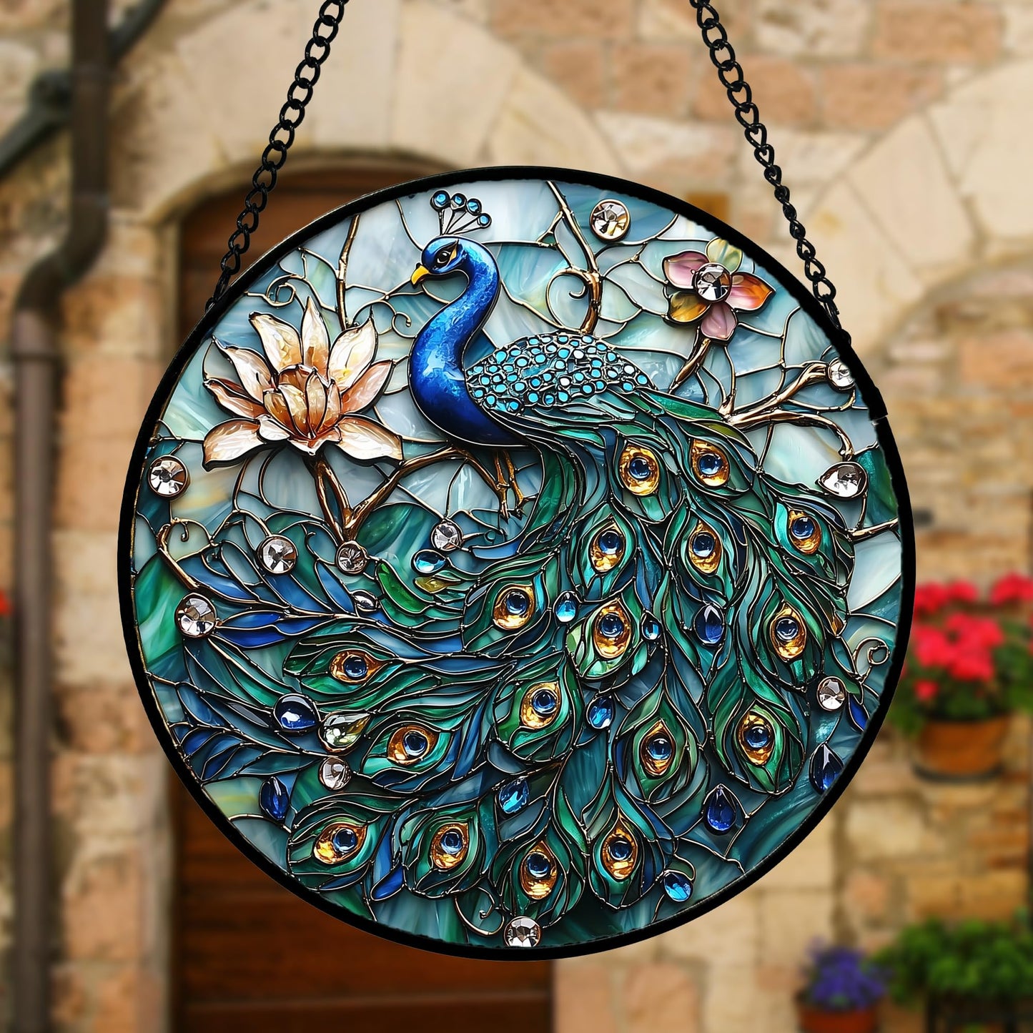 DASTOLL Stained Glass Window Hanging, Blue Peacock Decoration Suncatcher for Door Garden Home Flower Bird Sun Catchers Christmas Mother's Day Birthday Gifts for Women Men Mom Nana Friend 6.3 in