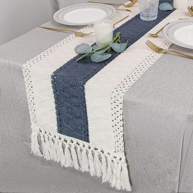 FEXIA Boho Blue Table Runner 90 Inches Long with Tassels Macrame Farmhouse Summer Style Graduation Party Rustic Wedding Baby Shower Dining Kitchen Living Room Decor (12x90 Inches)