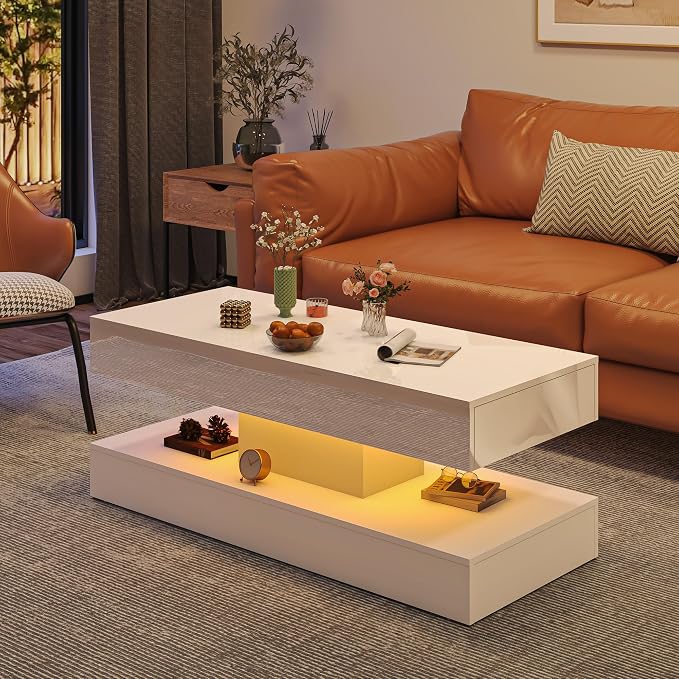 Uspeedy 47.3in Large High Glossy LED Coffee Table with 2 Storage Drawers,Black/White Modern Coffee Tables for Living Room,Living Room Tables,APP LED Lights (White)