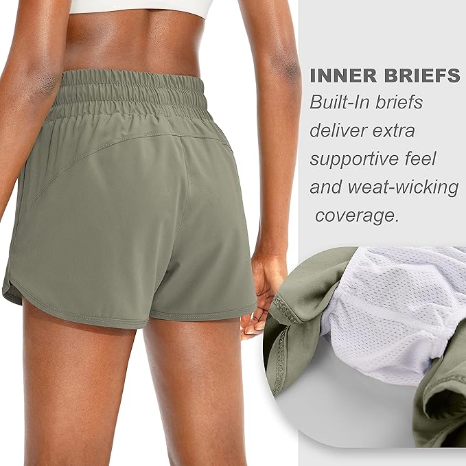 SANTINY Women's Running Shorts with Zip Pockets High Waisted Athletic Workout Gym Shorts for Women with Liner