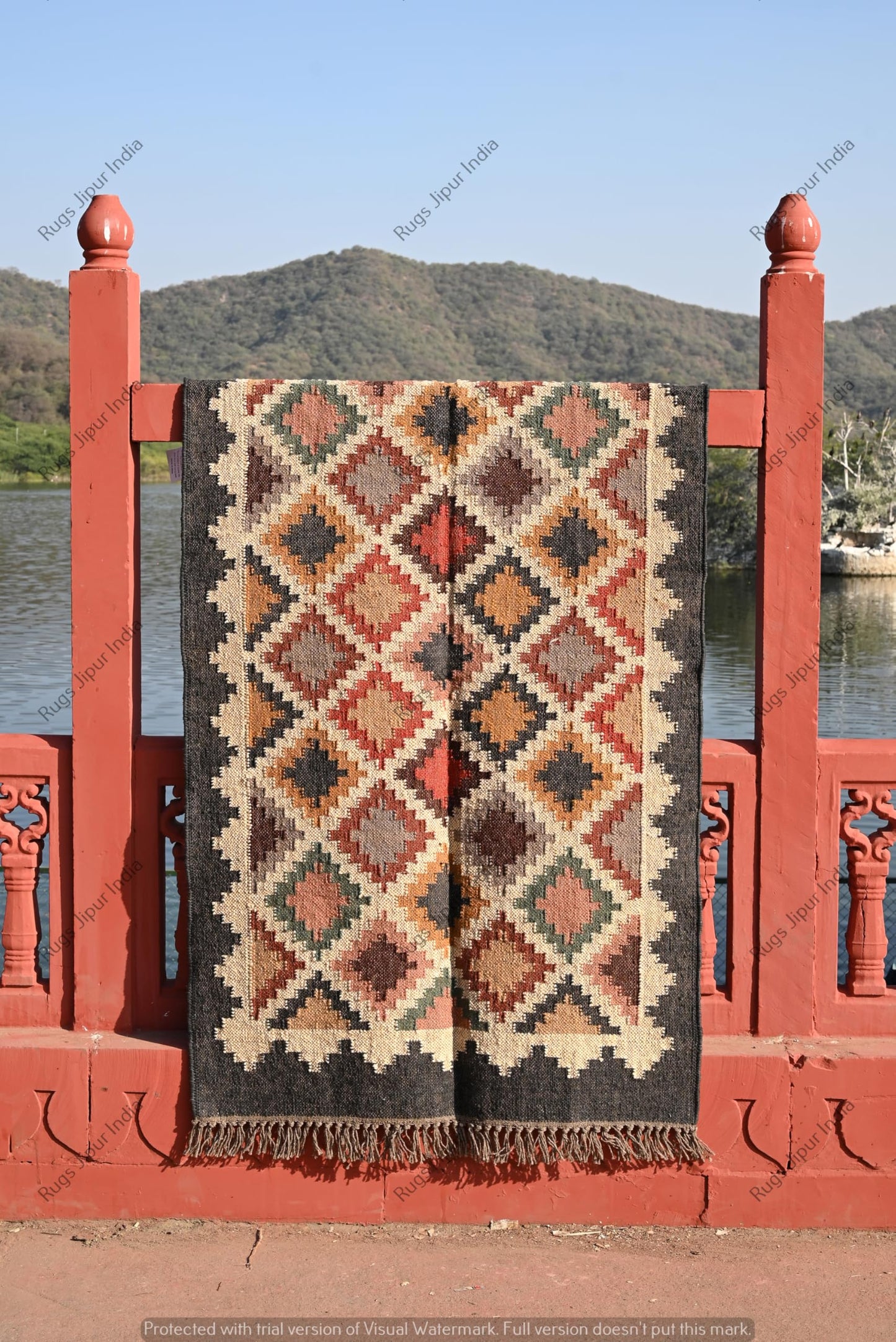 RugsJaipurIndia Boho Kilim Area Rug Wool & Jute Flatweave Handmade Tribal Geometric Rug Southwestern Farmhouse Carpet for Living Room Bedroom Kitchen Entryway 2X3