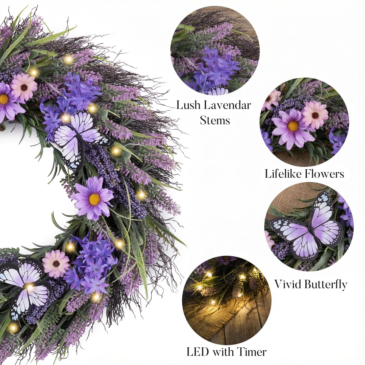 Valery Madelyn Spring Lavender Wreaths for Front Door, Artificial Floral Summer Wreath with Lights Purple Bellflower Berries Butterfly for Home Outside Wedding Porch Window Arch Decor-24''