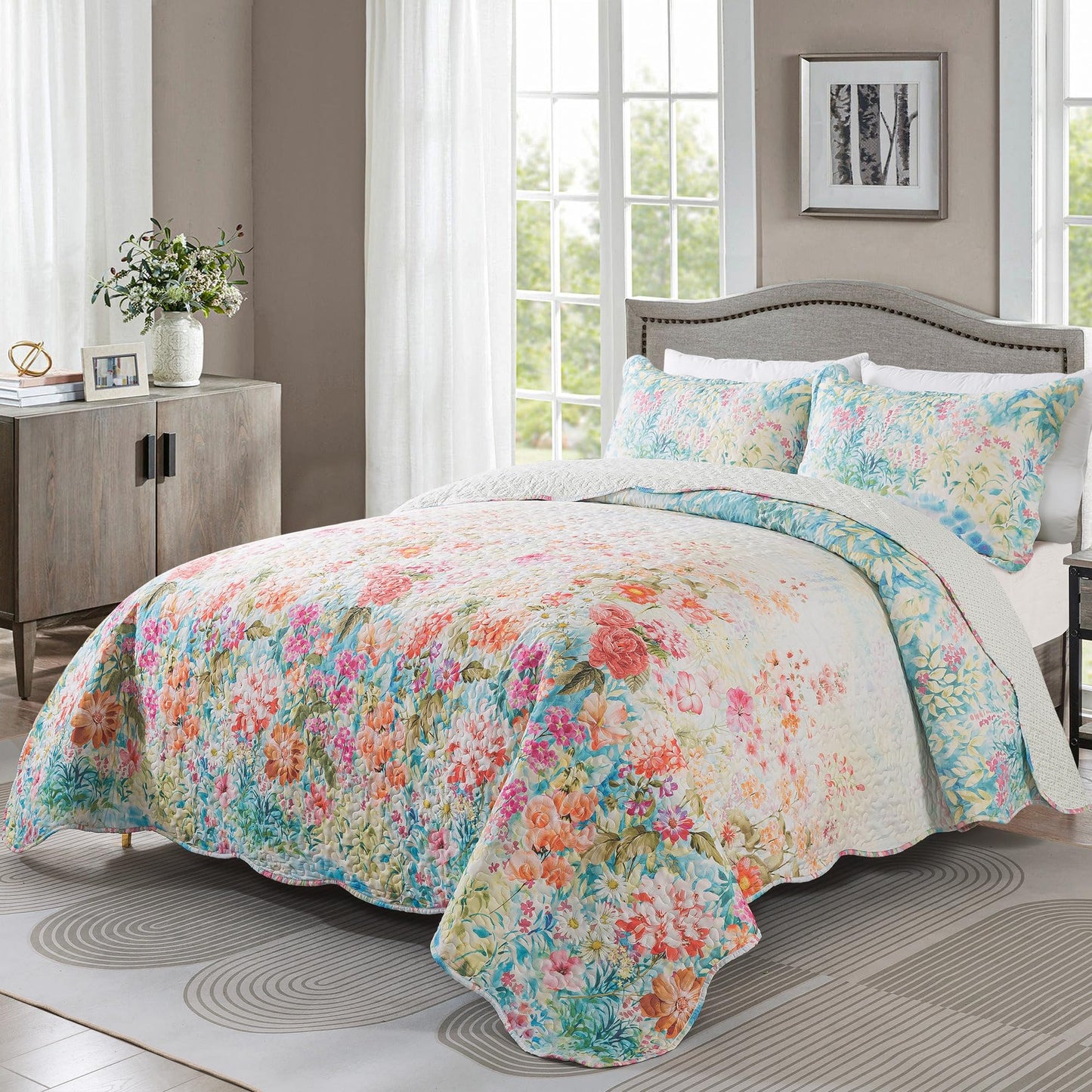 HoneiLife Quilt Sets Queen Size - Floral Quilt 3-Piece, Botanical Bedspreads Wildflower Coverlets for Queen Bed, Microfiber Bed Cover, All Season Quilts-Coral Pink