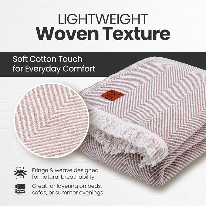 Gold Case Throw Blanket for Bed - 100% Recycled Turkish Cotton Blanket - Elegant Lightweight Soft Throw Blankets for Bed & Living Room - Queen Size Cozy Blankets - 90x90 - Beige