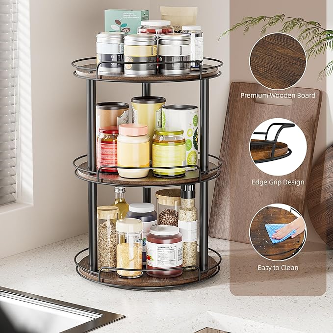 LAMU 12'' Wood Lazy Susan Turntable Organizer for Cabinet, 3 Tier Lazy Susan Spice Rack Organizer for Kitchen, Wood Turntable for Table Top, Countertop, Pantry, Bathroom