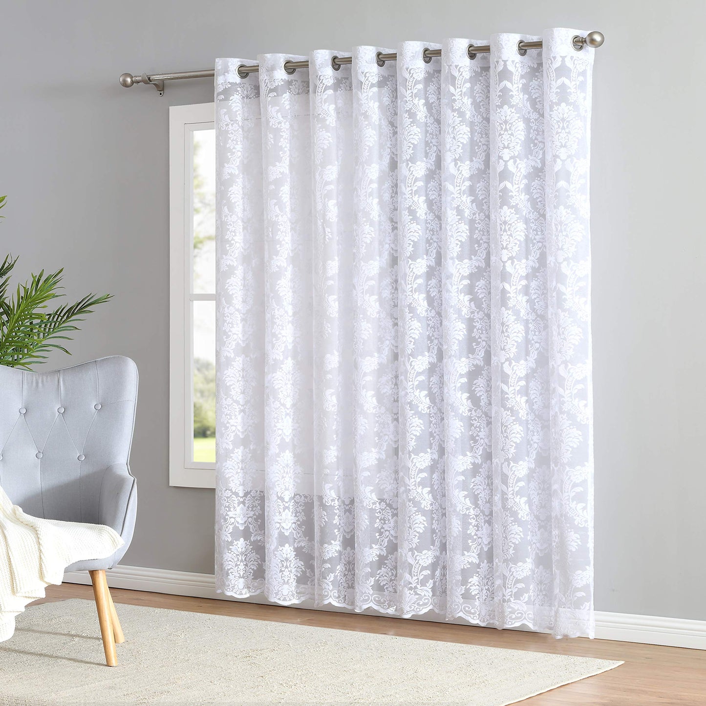 LinenZone Luxury White Knitted Lace Curtain Panels Pair of 2 with Beautiful Scalloped Bottom. Premium Farmhouse Curtains for Living Room, Bedroom and Dining Room Décor. (Lisa 38 x 63, White)