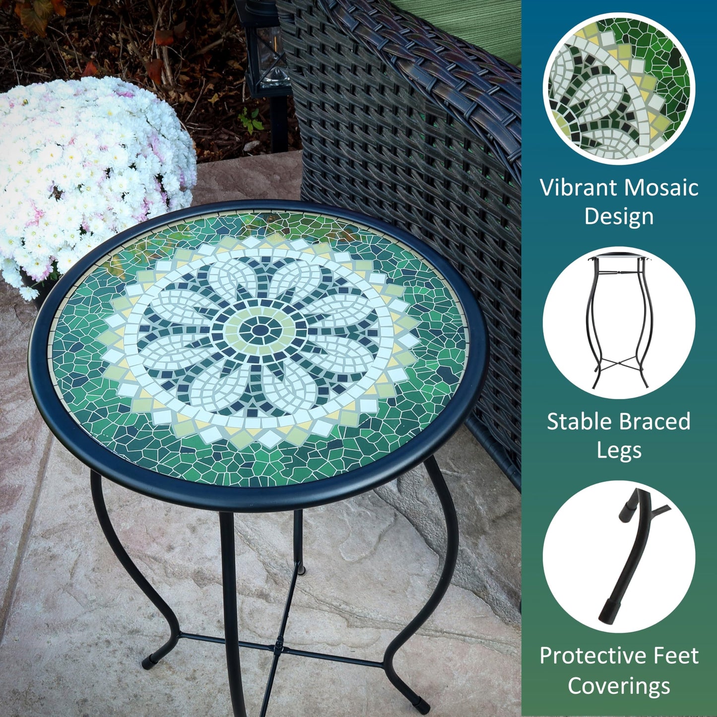 MooneLit Creations Green Mosaic Glass Accent Side Table & Plant Stand – Great Gift, Perfect for Indoor/Outdoor Use, Decorative Metal Pedestal for Patio, Garden & Home Décor