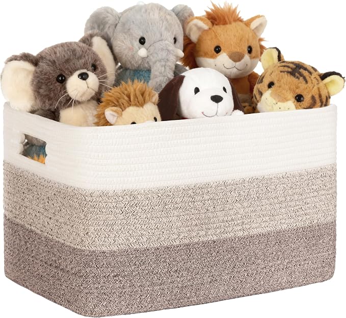 60L Laundry Basket with Leather Handles for Living Room Storage, Woven Rope Baskets Bin for Blanket, Kids Toy, Gifts, Wicker Hamper for Bedroom Dirty Clothes, Gradient Brown