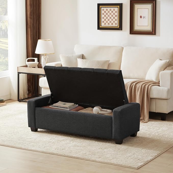 Huatean Home 48" Ottoman with Storage, Storage Ottoman Bench with Safety Hinge, Upholstered Entryway Bench with Seating for Bedroom, Living Room, Holds up to 330 lb, Dark Gray