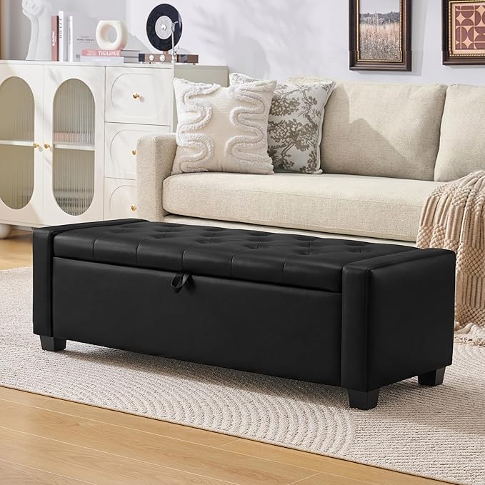 Huatean Home 48" Ottoman with Storage, Storage Ottoman Bench with Safety Hinge, Upholstered Entryway Bench with Seating for Bedroom, Living Room, Holds up to 330 lb, Light Black