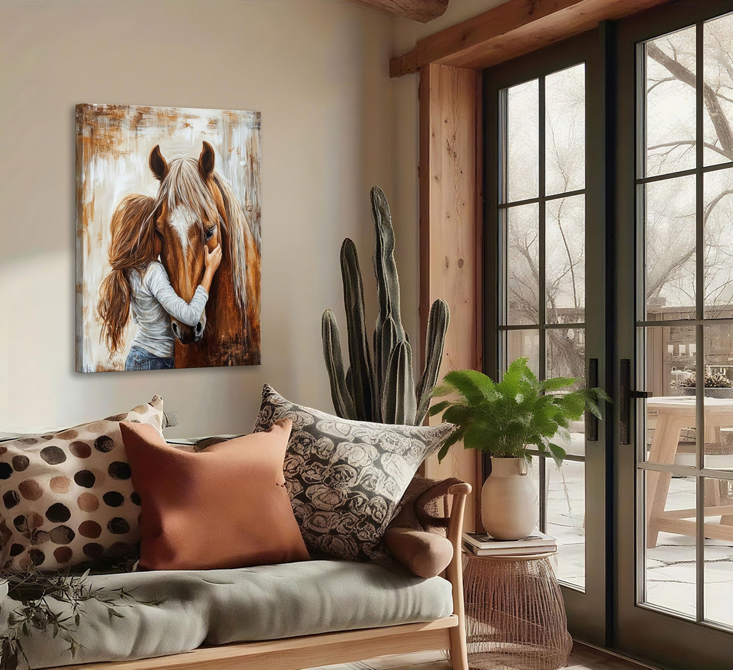 little Girl and Horse Canvas Wall Art Retro Warm Earth Tones Wall Decor Picture Little Girl Hugging Chestnut Horse Poster Print for living Room Bedroom Study Artwork Home Decoration 12x16in