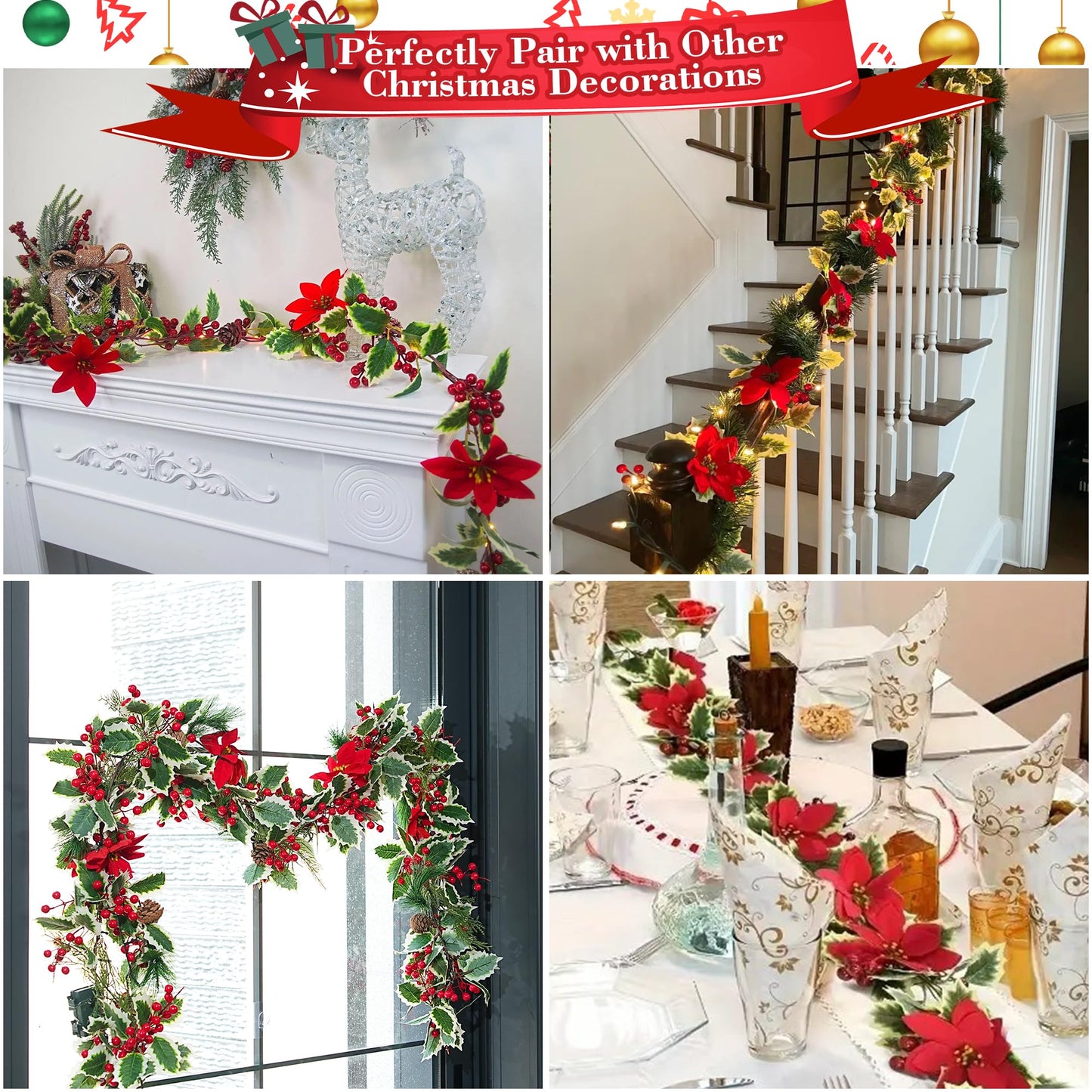 2pcs Christmas Garland with 20 LED Lights-6.5Ft Garland Christmas Decorations Indoor Multiple Mode Poinsettia Holly Per-Lit Christmas Garlands Battery Operated Garland for Mantel Stair Fireplace