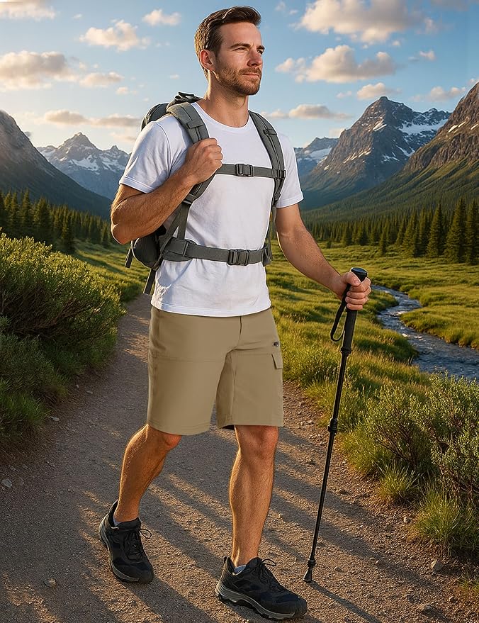 CRYSULLY Men's Hiking Cargo Shorts Outdoor Summer Lightweight Quick Dry Work Casual Shorts with 5 Zipper Pockets