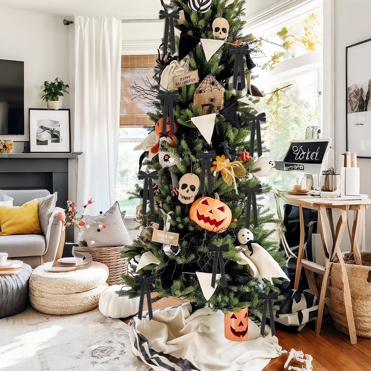 12Pcs Black Velvet Ribbon Bows Halloween Tree Decorations,5in x 10in Christmas Ornaments for Tree Home Party Front Door Wreath Holiday Decor