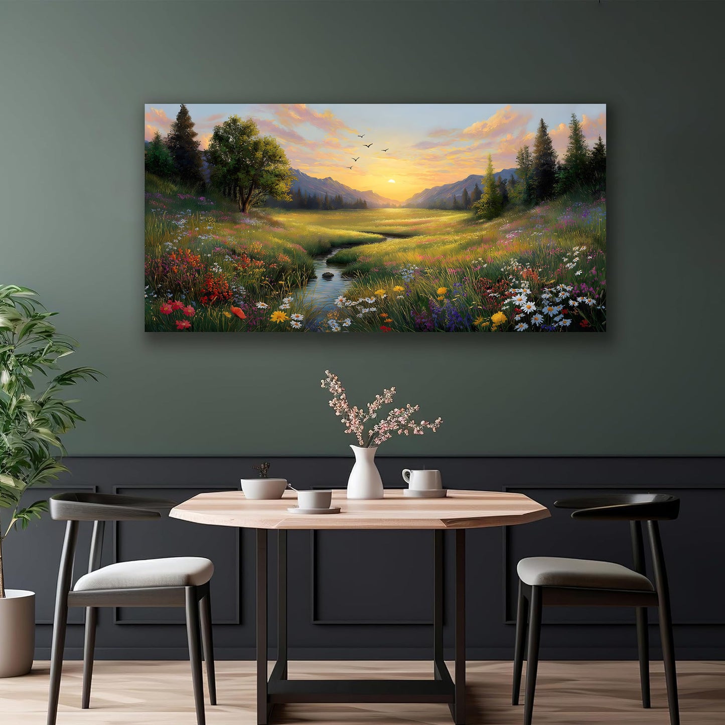 Tarfupth Large Green Landscape Canvas Wall Art for Living Room Sunset Mountain Wildflowers Canvas Prints Nature Scenery Artwork for Bedroom Office Home Decor 20"x40"