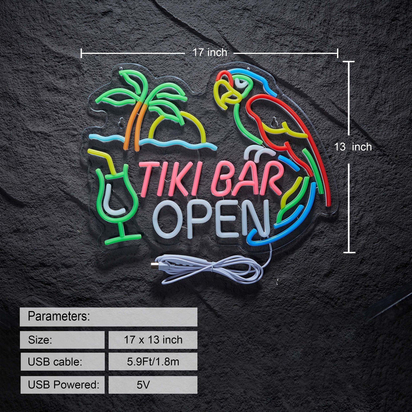 Tiki Bar Open Neon Sign for Tiki Open Wall Décor with Dimmable Switch Hawaii Pool Beach Bar LED Neon Signs Art Decor Light