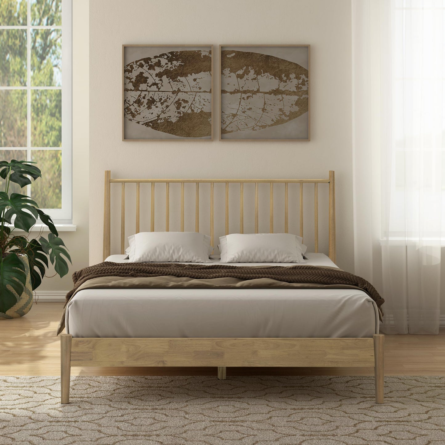 NTC Inno Wooden Bed Frame with Headboard, Solid Oak and Rubber Wood Foundation with Silent Slats and Wood Central Supports, 1000 Lb Capacity, Effortless Assembly, Queen - Sand