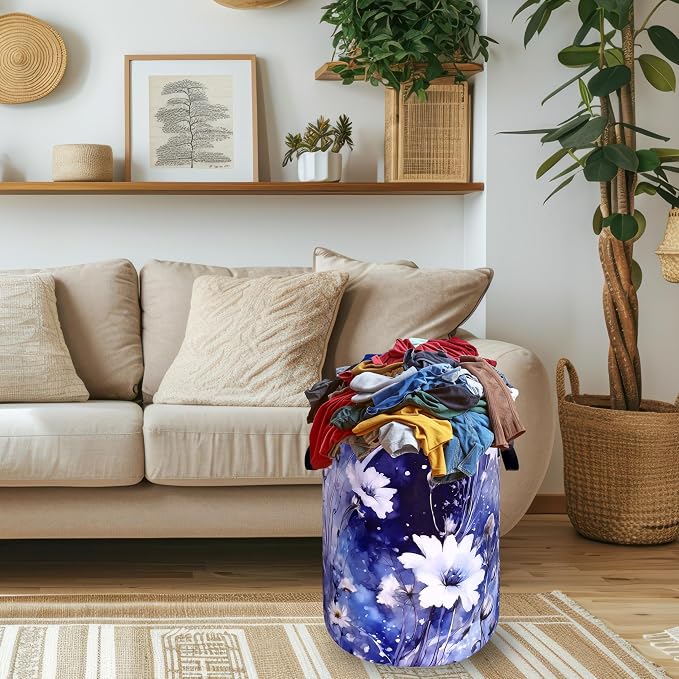 Blue Daisy Flower Laundry Basket Foldable Oxford Cloth Watercolor Floral Laundry Hamper With Handle Portable Clothes Storage Organizer Basket 18.9"x16.5" Storage Bag For Laundry Room/Bathroom/Bedroom