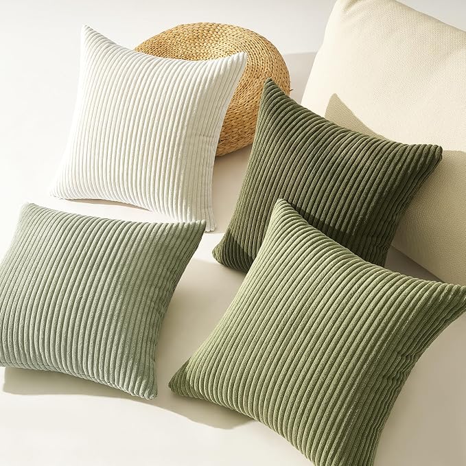 Topfinel Boho Farmhouse Green White Throw Pillow Covers 16x16 Inch Set of 4 Mordern Nordic Cushion Covers Soft Corduroy Spring Home Decor for Couch Bed Sofa Living Room Forest Green