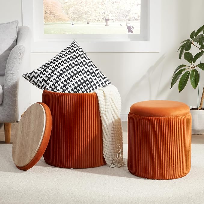 Royal Windsor Round Ottoman with Storage Set of 2,Vanity Stool with Storage for Bedroom, Ottoman Coffee Table,Small Velvet Foot Stool for Living Room, Orange