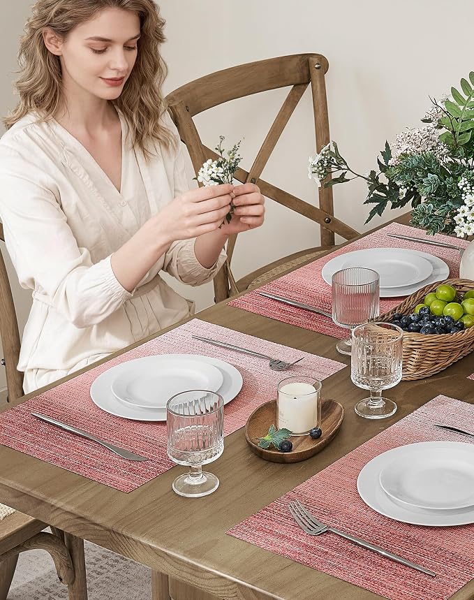 Leetaltree Gradient Pink Woven Placemats Set of 6 - Heat Resistant Non-Slip Place mats for Dining Table, Washable Durable PVC Vinyl Woven Table Mats(Gradient Pink, 6)