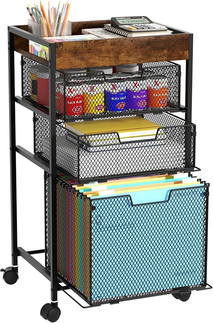 SWTYMIKI Rolling File Cart with Drawers - 4 Tier Under Desk Storage Craft Rolling Organizer Cart - Office Storage &Organization, Mobile Metal Filing Cabinet for Office and Home Espresso