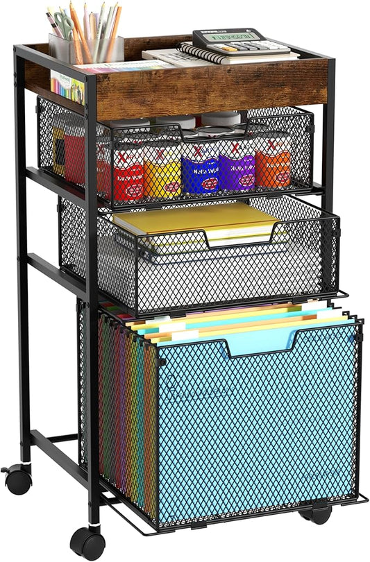 SWTYMIKI Rolling File Cart with Drawers - 4 Tier Under Desk Storage Craft Rolling Organizer Cart - Office Storage &Organization, Mobile Metal Filing Cabinet for Office and Home Espresso