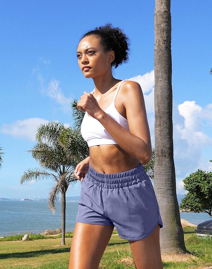 SANTINY Women's Running Shorts with Zip Pockets High Waisted Athletic Workout Gym Shorts for Women with Liner