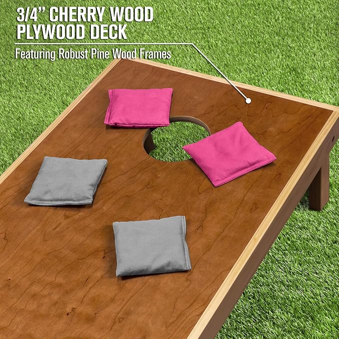 GoSports 4 ft x 2 ft Commercial Grade Cornhole Boards Set - Natural Wood Cornhole Boards, Choose from Different Bean Bag Color Combinations - Pink & Gray