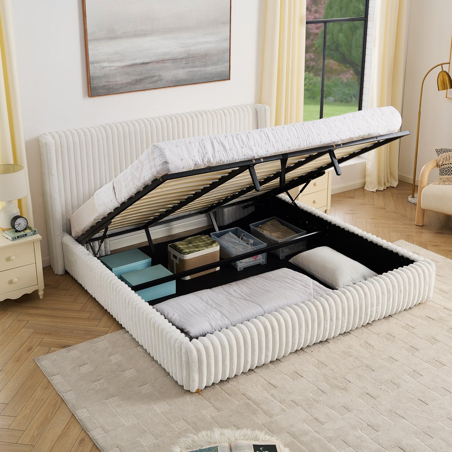 Tabaray King Bed Frame with Storage, Upholstered Platform Bed Frame with Plush Rabbit Fur Headboard, Adult Floor Bedframe with Wooden Slats Support, No Box Spring Needed for Bedroom, Apartment, Beige