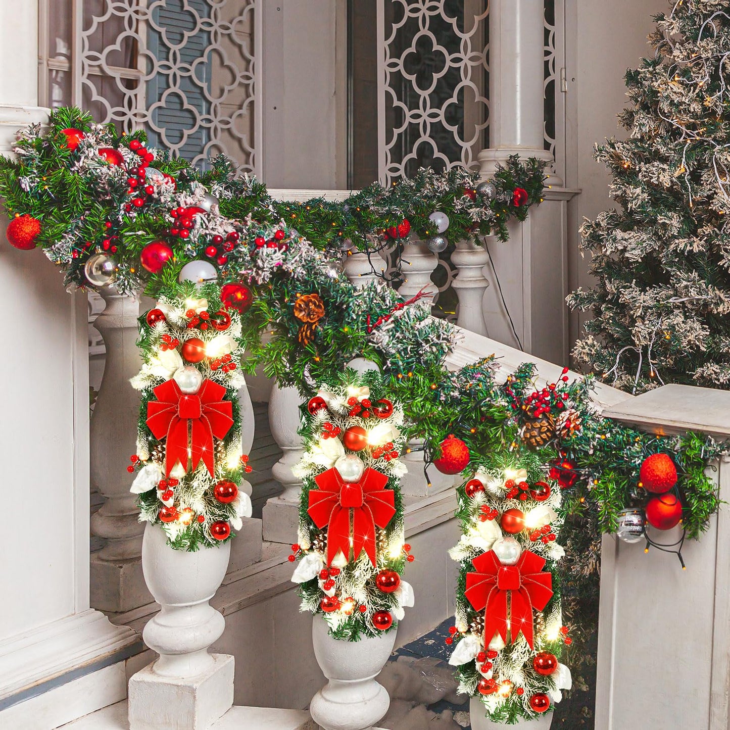 Giegxin 4 Pcs 19.7 Inches Light up Christmas Stair Swags LED Prelit Teardrop Swag Norfolk Pine Garland Artificial Stairs Garland Pine Cone Props for Indoor Outdoor Hanging Decor
