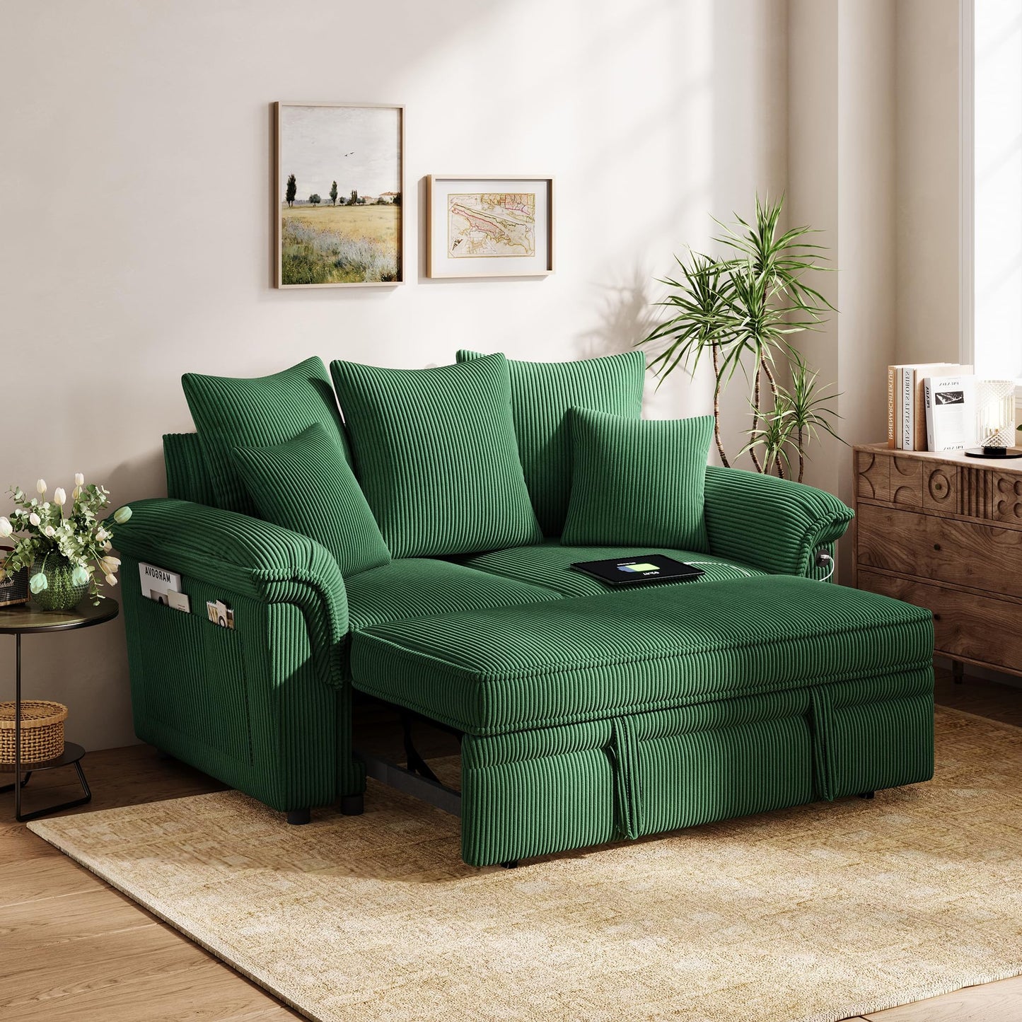 LINSY HOME Sectional Loveseat Sofa with Pull Out Chaise (Green, 62.5'')
