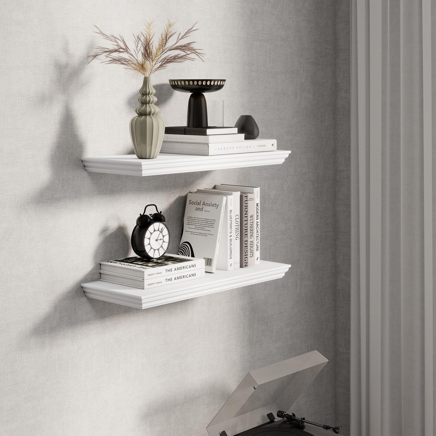 Fun Memories Floating Shelves 24 Inch Long, 9.3 Inch Deep Classic Crown Molding Floating Shelves for Wall, Rustic Wooden Shelves for Wall Decor Bathroom, Kitchen, Office, (White, 2Pack)
