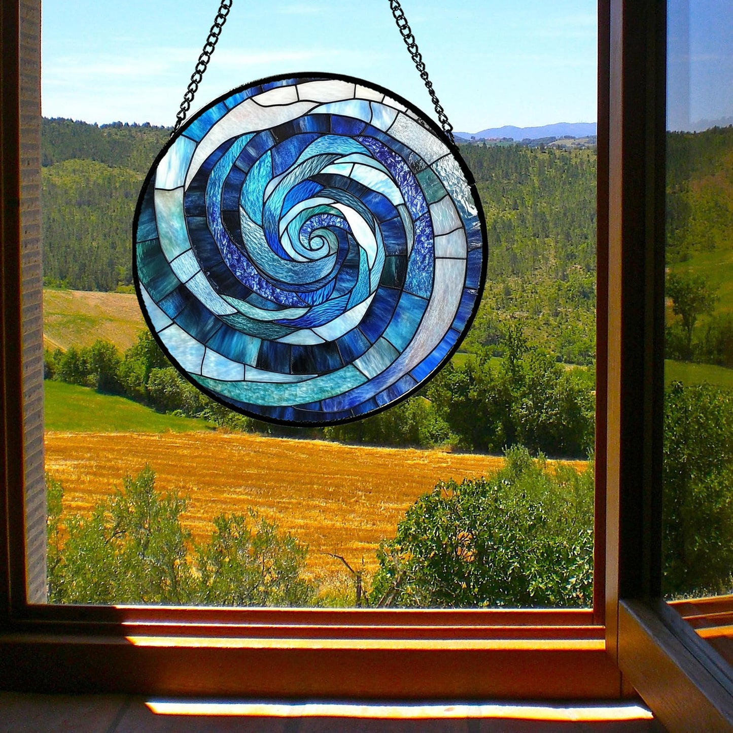 CRISGIF Stained Glass Window Hanging - Blue Abstract Swirl Suncatcher for Doors Garden Patio Unique Sun Catchers Decor Christmas Mother's Day Birthday Gifts for Women Men Mom Nana Friend 9.8 in