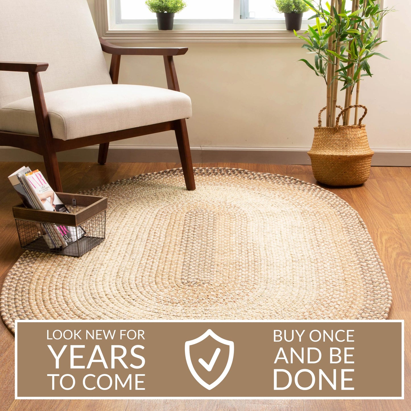 Super Area Rugs Braided Rugs 3X5 Farmhouse Kitchen Rug - Ridgewood Braided Rug for Living Room - Reversible - Indoor/Outdoor - Made in USA - Taupetone/Beige, 3' X 5' Oval