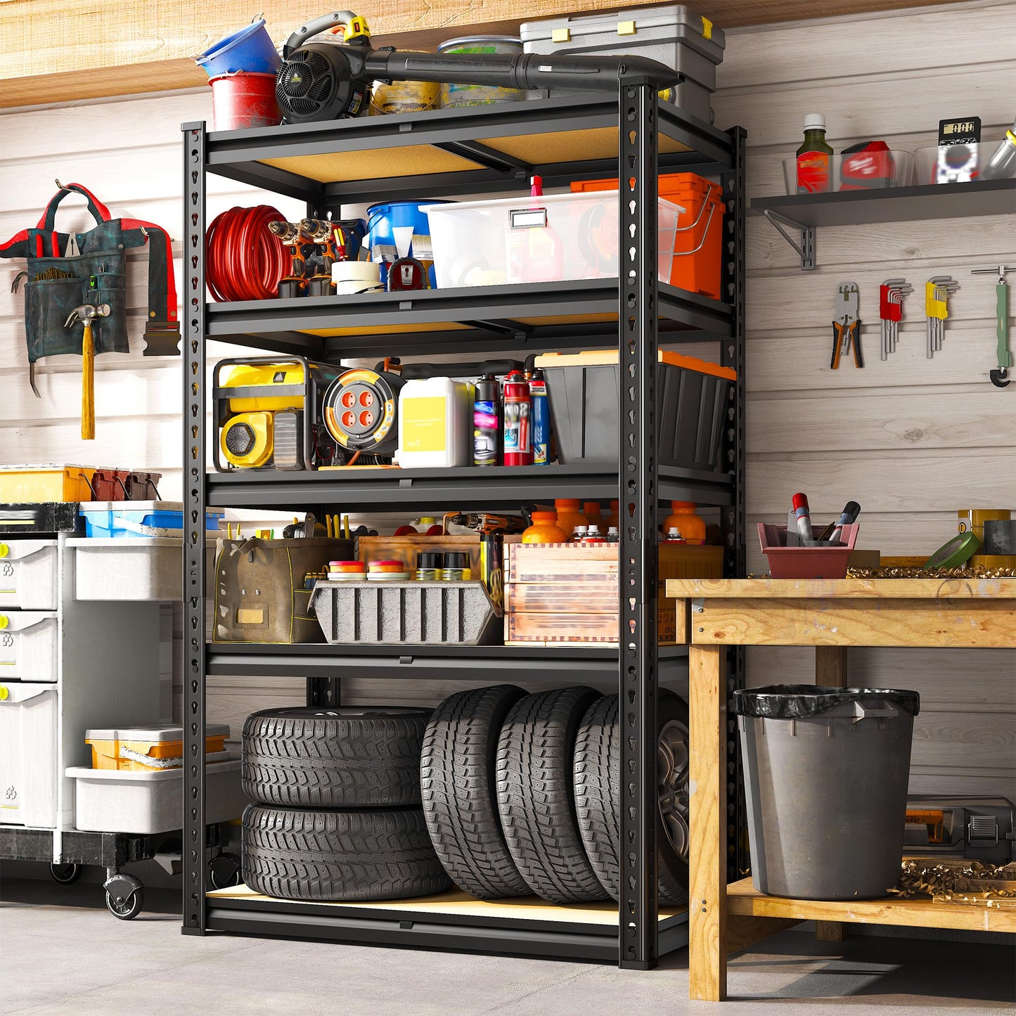 5 Tier Storage Shelves 2020LBS Garage Shelving,Adjustable Heavy Duty Metal Shelving Unit Utility Rack for Garage,Kitchen Pantry Shelf for Warehouse,Closet,Commercial,28" W x 12" D x 59.8" H,Black