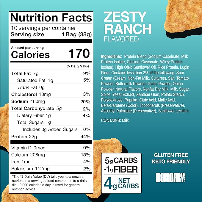 Legendary Foods Zesty Ranch Protein Chips – Popped Tortilla Style – 22g High Protein, 4g Net Carbs, Low Sugar, Gluten Free, Keto Snack Packs – 10 Count – Healthy Crunchy Chips