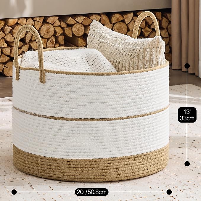 KAKAMAY Cotton Rope Storage Basket (20"x13"),Woven Blanket Baskets for Toys,Pillows,Clothes,Sturdy Handles Decorative Basket for Living Room, Bedroom,Nursery(Brown/Black)