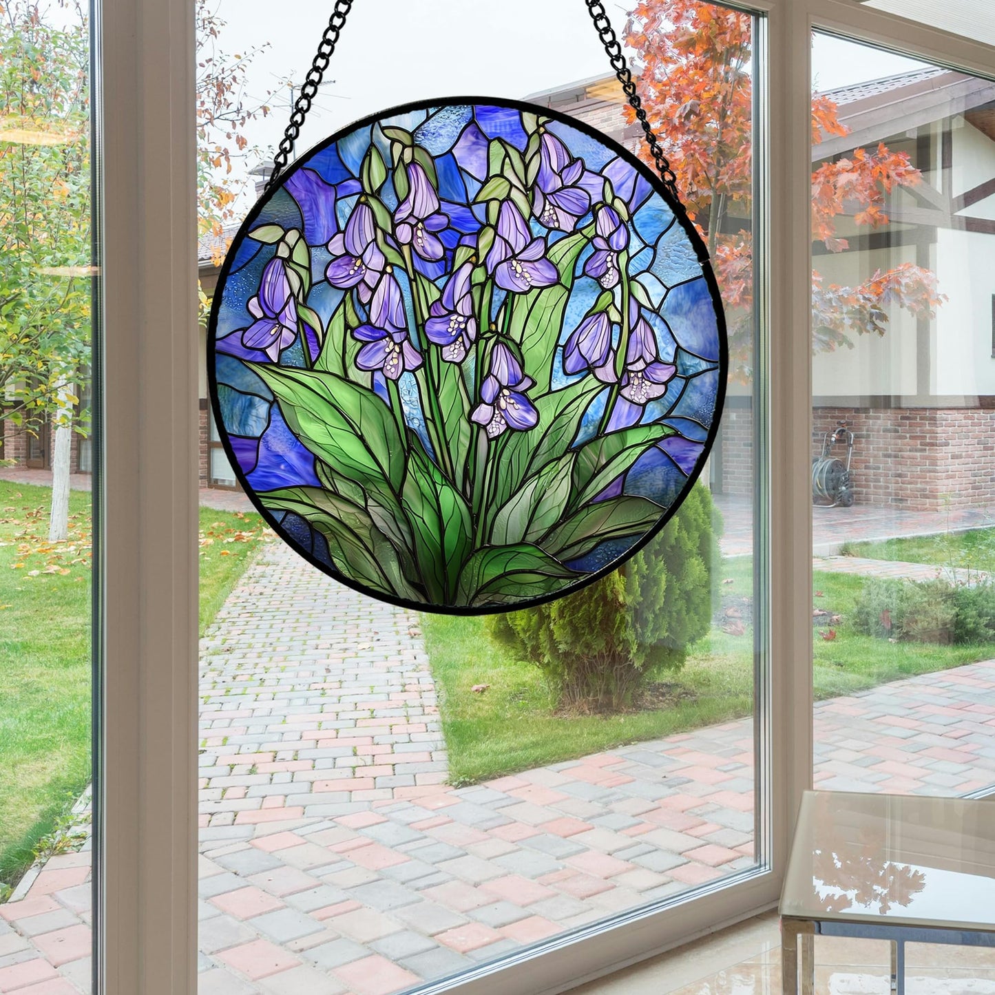 AMDERVEN Stained Glass Suncatcher, Blue Purple Flowers Green Leaves Sun Catcher Plants Stain Glass Window Hanging Decoration Mother's Day Birthday Gifts for Women Men Mom and Nana 7.8 in