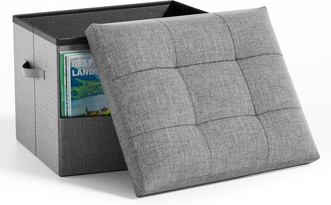 Dayacoco Storage Ottoman Foot Rest Stool, Foldable Foot Rest Stool with Thicker Foam Padded Seat, 43L Small Ottoman with Storage, Holds Up to 350lbs, 17x13x13in,Drak Gray