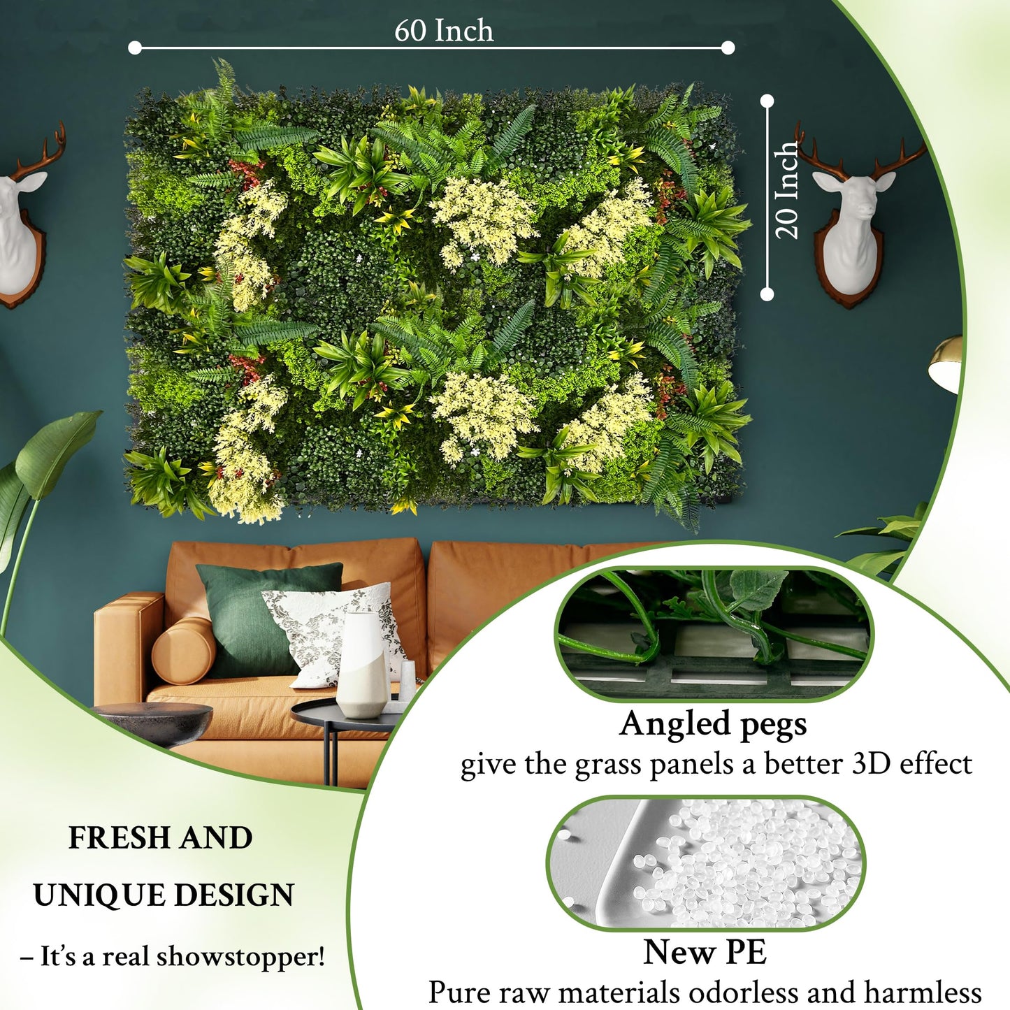 ODTORY Artificial 3D Plant Wall Panels: 60"x20" UV-Anti Faux Grass Wall Backdrop Boxwood Ivy Fence Privacy Screen Fake Greenery Leaf Hedge for Outdoor,Indoor,Garden,Backyard and Home Decor